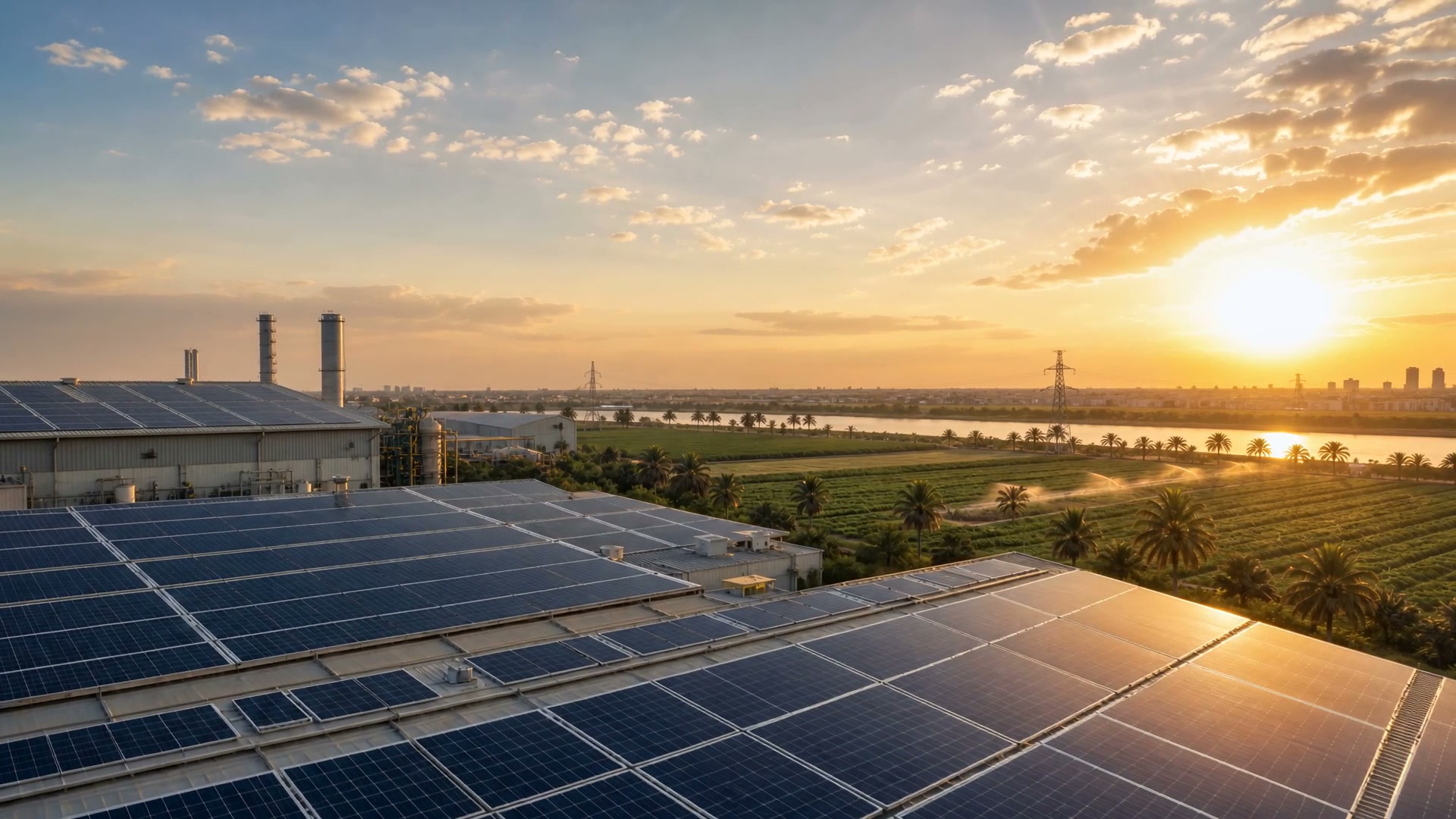 Industrial solar panels on a factory rooftop beside Nile farmland at sunset